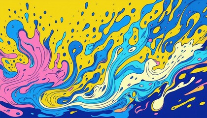 Poster - vibrant abstract fluid pattern with swirling blue, yellow, teal, and pink paint drops for modern web design, poster background, branding texture, or digital art wallpaper

