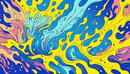 Aufkleber - vibrant abstract fluid pattern with swirling blue, yellow, teal, and pink paint drops for modern web design, poster background, branding texture, or digital art wallpaper

