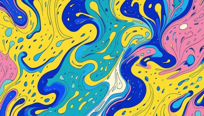 Poster - vibrant abstract fluid pattern with swirling blue, yellow, teal, and pink paint drops for modern web design, poster background, branding texture, or digital art wallpaper

