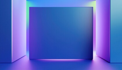 Poster - minimalist 3d violet display frame with soft neon lighting on gradient blue background for modern web design, product mockup, digital branding, or abstract visual art composition

