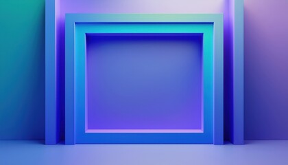Poster - minimalist 3d violet display frame with soft neon lighting on gradient blue background for modern web design, product mockup, digital branding, or abstract visual art composition

