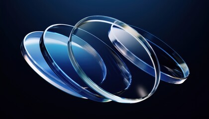 Poster - transparent optical glass lens trio on dark blue gradient background for tech branding, ai interface design, or futuristic print concept with sleek reflections and curved symmetry

