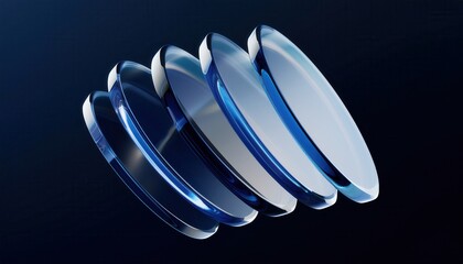 Poster - transparent optical glass lens trio on dark blue gradient background for tech branding, ai interface design, or futuristic print concept with sleek reflections and curved symmetry

