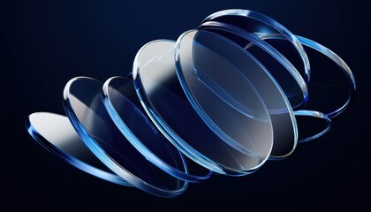 Poster - transparent optical glass lens trio on dark blue gradient background for tech branding, ai interface design, or futuristic print concept with sleek reflections and curved symmetry


