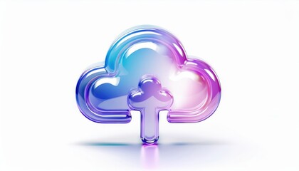 Poster - glossy transparent cloud icon with gradient blue pink hues and upload symbol on white background for modern web interface, branding asset, app design, or tech print illustration

