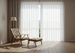 © ARSO - The minimalist interior design is bright with sunlight, featuring sheer curtains and light wood floors. A cushioned wooden chair and footrest are placed near the window.