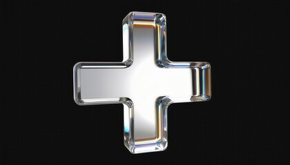 Poster - futuristic transparent glass plus sign with iridescent edges on black background for digital interface, health tech logo, web design, branding, or 3d illustration asset

