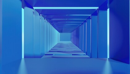 Poster - abstract blue tunnel with geometric light reflections and futuristic symmetry, ideal for website background, technology branding, digital design, and corporate presentation visual

