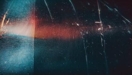 Poster - distressed glass texture with cyan vertical streaks, red light leaks, and fine cracks on black surface for abstract background, digital design, print texture, or glitch art element

