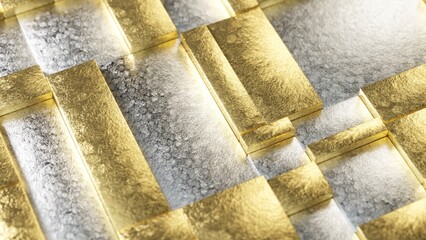 Poster - Luxurious metallic surface displaying golden and silver rectangles rotating smoothly, generating captivating geometric pattern with elegant light reflections and mesmerizing movement