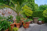 potted plants in a rose garden