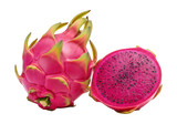 Fresh red dragon fruit whole and sliced isolated on transparent background
