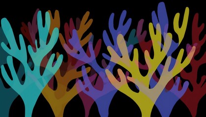 Poster -  overlapping abstract coral silhouettes in vibrant semi-transparent hues on black background for modern web design, branding, print, or textile art