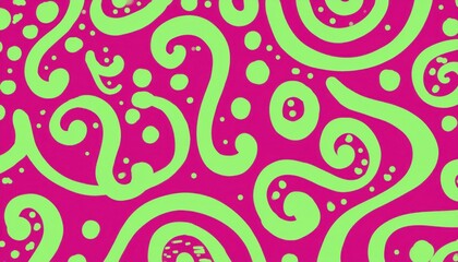 Poster -  green swirl and dot pattern on vibrant magenta background for retro branding, web design, textile print, abstract wallpaper, and funky digital art projects
