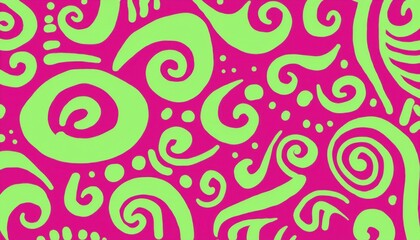 Poster -  green swirl and dot pattern on vibrant magenta background for retro branding, web design, textile print, abstract wallpaper, and funky digital art projects