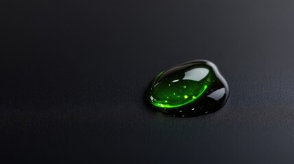 Poster - A single droplet of vibrant green liquid rests on a smooth dark surface, showcasing its glowing characteristics. Soft light reflects off the surface, creating an intriguing visual.