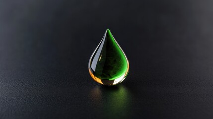 Poster - A striking glass droplet sits on a smooth dark surface, showcasing vibrant green and amber shades that catch the light beautifully, emphasizing its elegant shape.