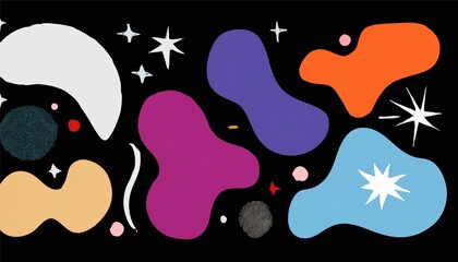 Poster - abstract colorful blob shapes on black background with playful modern design elements for web graphic, poster art, brand identity, or children's product illustration


