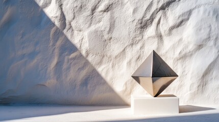 Poster - A modern geometric sculpture in the shape of a pyramid sits on a white pedestal, casting sharp shadows on a textured wall. Natural light highlights its reflective surface, enhancing the design