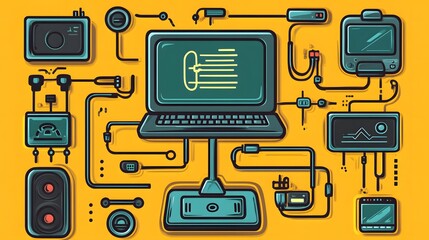 Poster - Retro computer network design on a yellow background.