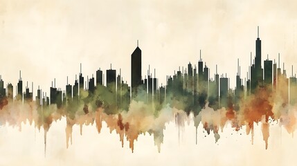Poster - Silhouette cityscape in muted watercolor tones.