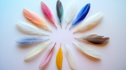 Poster - Delicate feathers in multiple colors are arranged in a circular formation on a smooth white surface. Each feather displays unique shades and sizes, creating a vibrant visual contrast