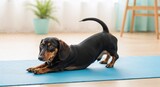 Dog stretching on yoga mat in bright room with natural light  