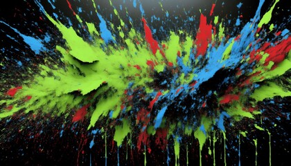 Aufkleber - dynamic splatter of neon green, crimson red, and electric blue paint on black background for abstract design, web banner, poster art, or modern branding element

