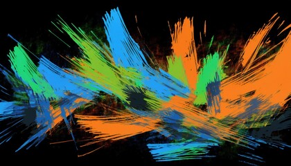 Poster - vibrant neon paint splatter on black background with bold orange, green, and blue brush strokes for abstract digital art, modern web design, branding, or edgy print media use

