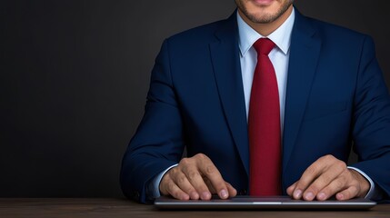 Poster - Professional Businessman in Suit Using Laptop Computer with a Red Tie on Dark Background