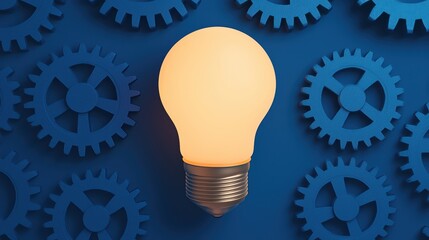 Poster - Conceptual image of light bulb design with gears representing ideas, innovation, and teamwork on blue background