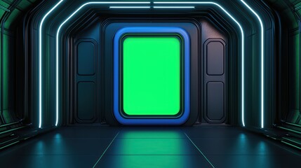 Poster - Futuristic Interior with Neon Lights and Green Screen Display Area for Modern Media Productions and Presentations