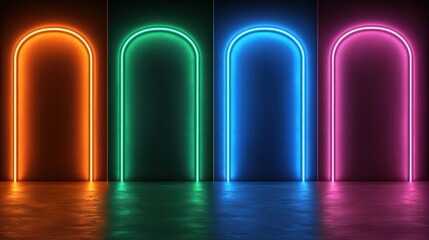 Poster - Neon Arches in Vibrant Colors Illuminating a Dark Space for Creative Backgrounds and Designs