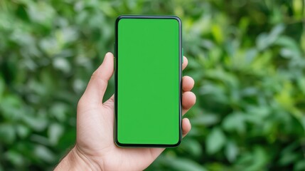 Poster - Hand Holding Smartphone with Blank Green Screen in Natural Green Background for Mockup or Digital Display