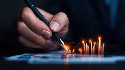 Poster - Professional Hand Holding Pen Analyzing Financial Data With Digital Graphs and Charts in Background