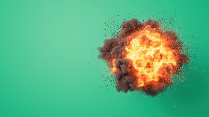 Poster - Fiery Explosion with Smoke and Debris on Green Background for Dynamic Visual Effects and Creative Projects
