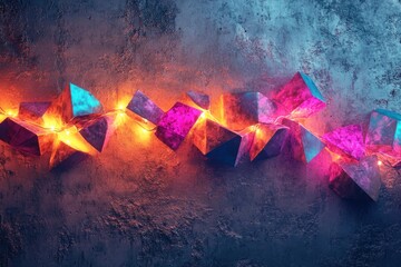Wall Mural - A string of colorful geometric shapes illuminated by warm lights on a textured gray background art piece