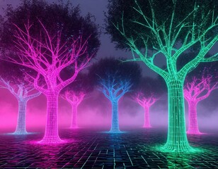 Abstract neon trees formed from glowing lines and code patterns in a foggy digital landscape.