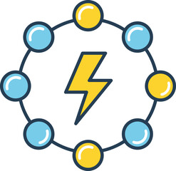 Poster - Lightning Bolt Network Icon - Abstract circular design representing speed, technology, and connectivity with a central yellow lightning symbol and surrounding blue and yellow nodes.
