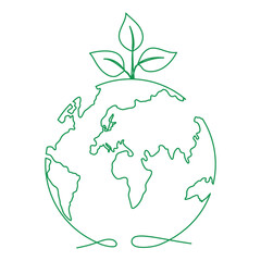 Poster - Earth globe with leaves continuous line drawing. World map with curve line. Vector illustration isolated on white.