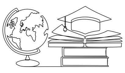 Poster - Graduation cap and globe with book continuous line drawing. Education line concept. Vector illustration isolated on white.