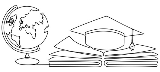 Poster - Graduation cap and globe with book continuous line drawing. Education line concept. Vector illustration isolated on white.