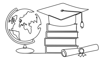 Poster - Graduation cap and globe with books and diploma continuous line drawing. Education line concept. Vector illustration isolated on white.