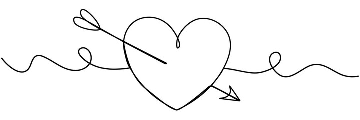 Poster - Heart shape with arrow continuous line drawing. Vector illustration isolated on white.