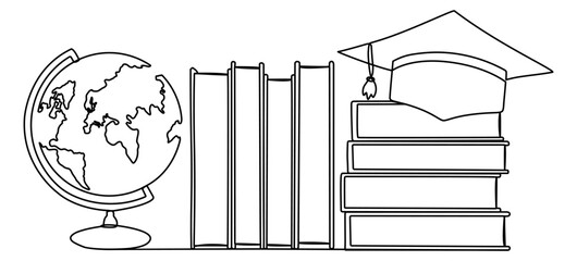 Poster - Graduation cap and globe with book continuous line drawing. Education line concept. Vector illustration isolated on white.
