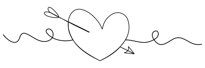 Poster - Heart shape with arrow continuous line drawing. Vector illustration isolated on white.