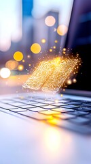 Fototapete - Stylus Hovering Above Laptop Keyboard with Glowing Data Abstract City Background