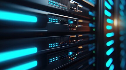 Aufkleber - Detailed close-up of glowing server racks with blue indicator lights in a high-tech data center, emphasizing data storage, cybersecurity, and digital network systems