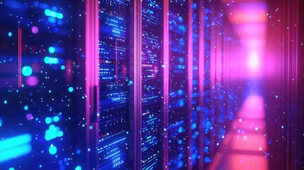 Poster - Futuristic data center corridor with glowing blue and pink servers, illuminated by digital light particles, symbolizing advanced cloud computing and cyber infrastructure