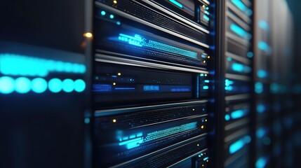 Aufkleber - Close-up of illuminated server racks in a high-tech data center, glowing with blue digital lights, symbolizing modern computing, cybersecurity, and information infrastructure